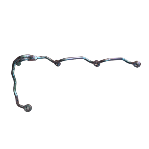 A Mitsubishi Pajero / Triton 4D56 Fuel Injector Fuel Rail metal tube with multiple bends and connection points, isolated on a black background.